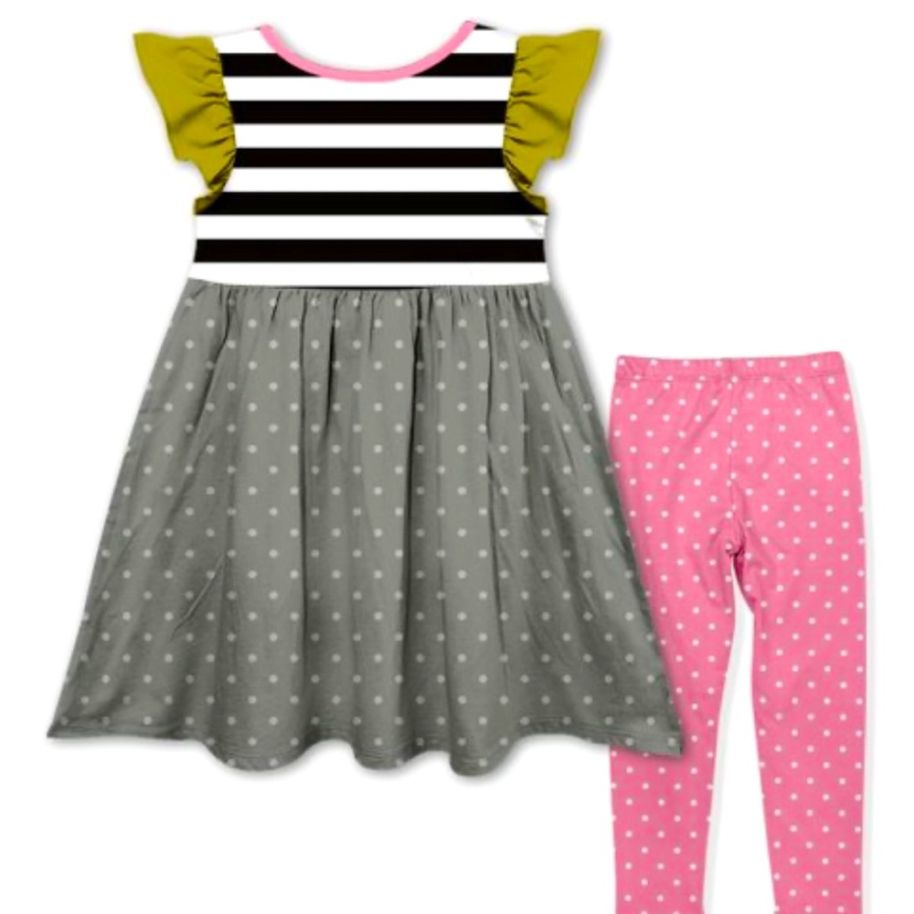 PENELOPE PLUMM Grey stripe apple angel sleeve dress W/ pink polka dot leggings